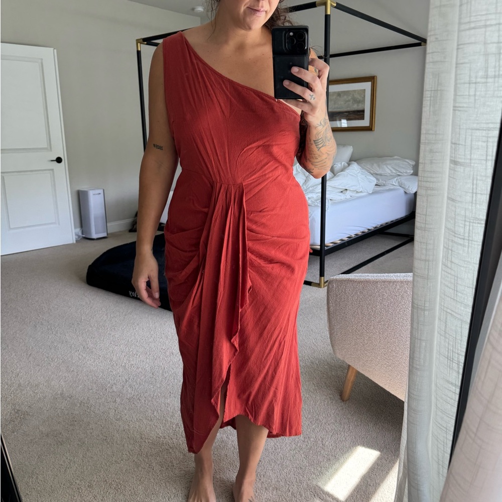 Burnt orange lightweight, one shoulder dress